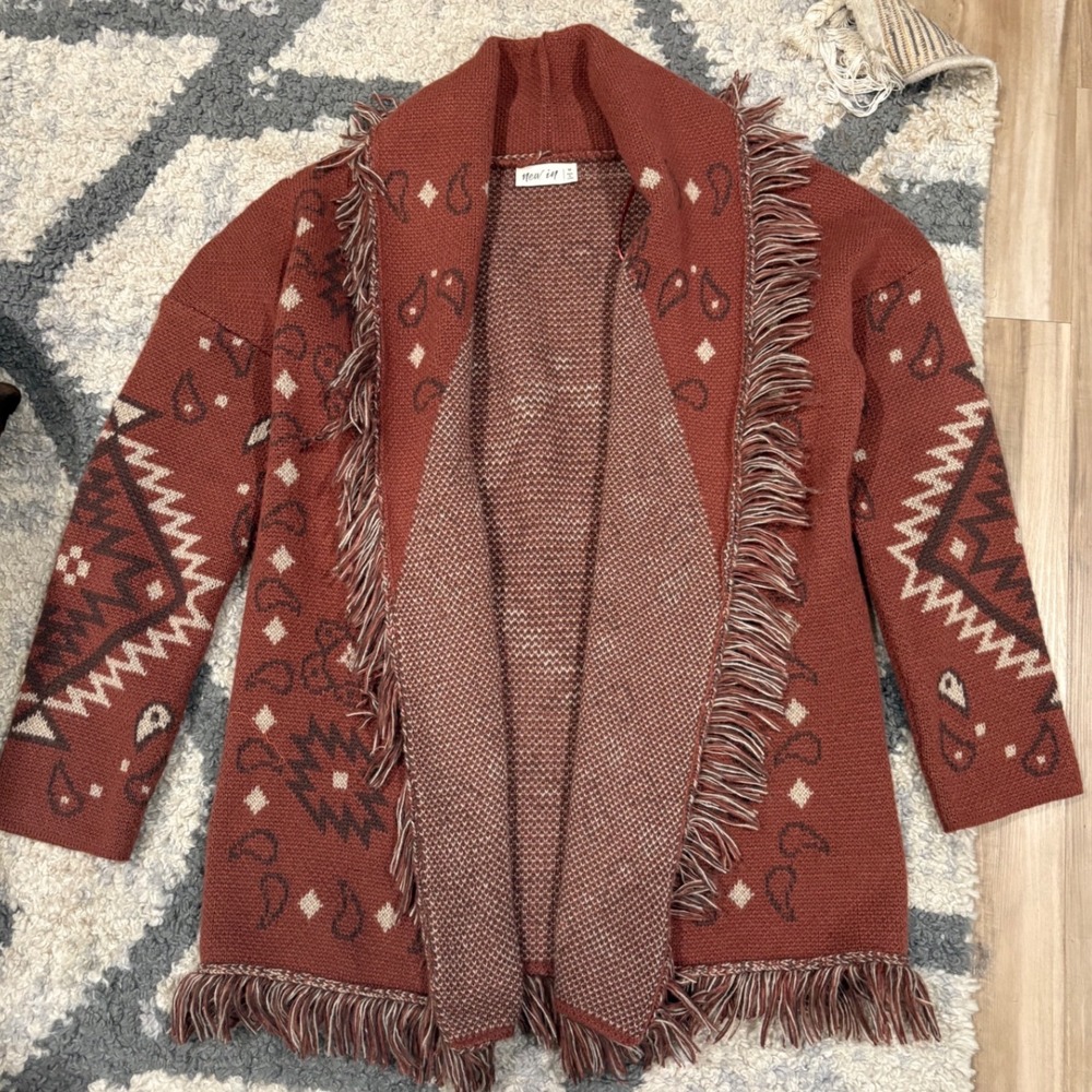 New In Southwestern Fringe Cardigan Rust Orange Aztec Paisley Boho Sweater M xx - Picture 3 of 8